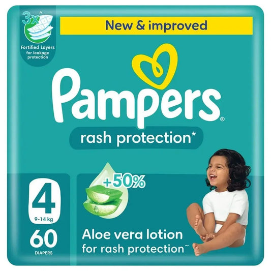 Pampers Rash Protection Taped Diapers Size 4 (9–14kg) – +50% Aloe Vera Lotion, 3X Layers, Leak Protection - Adenzo Comfies