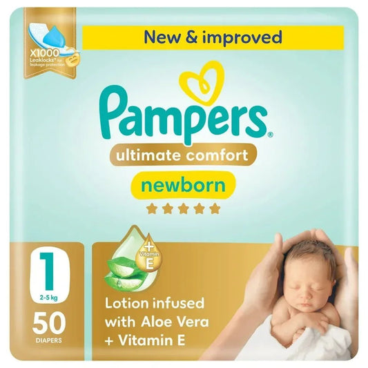 Pampers Premium Care Ultimate Comfort Taped Diapers Size 1 (2–5kg) – Aloe Vera & Vitamin E, 1000 Leak Locks, 50 Pieces - Adenzo Comfies