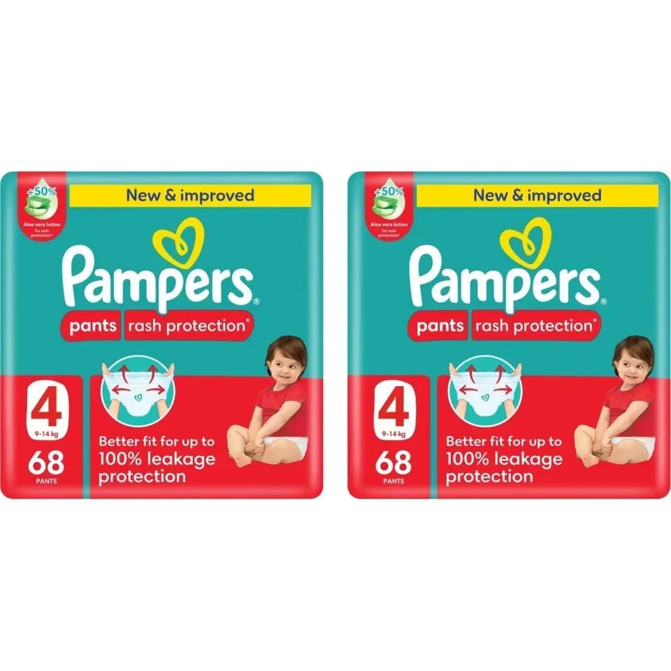 Pampers Rash Protection Pants Size 4 (9–14kg) – 68 Pieces x2 Pack | Aloe Vera Diapers with 360° Fit & Leak Protection - Adenzo Comfies