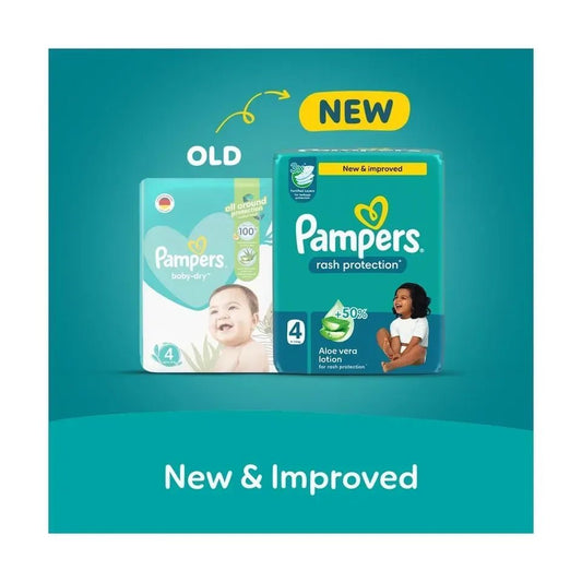 Pampers Rash Protection Taped Diapers Size 4 (9–14kg) – +50% Aloe Vera Lotion, 3X Layers, Leak Protection - Adenzo Comfies