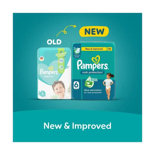 Pampers Rash Protection Taped Diapers with +50% Aloe Vera Lotion – Leak Proof, 3X Absorption, Secure Fit Baby Nappies - Adenzo Comfies