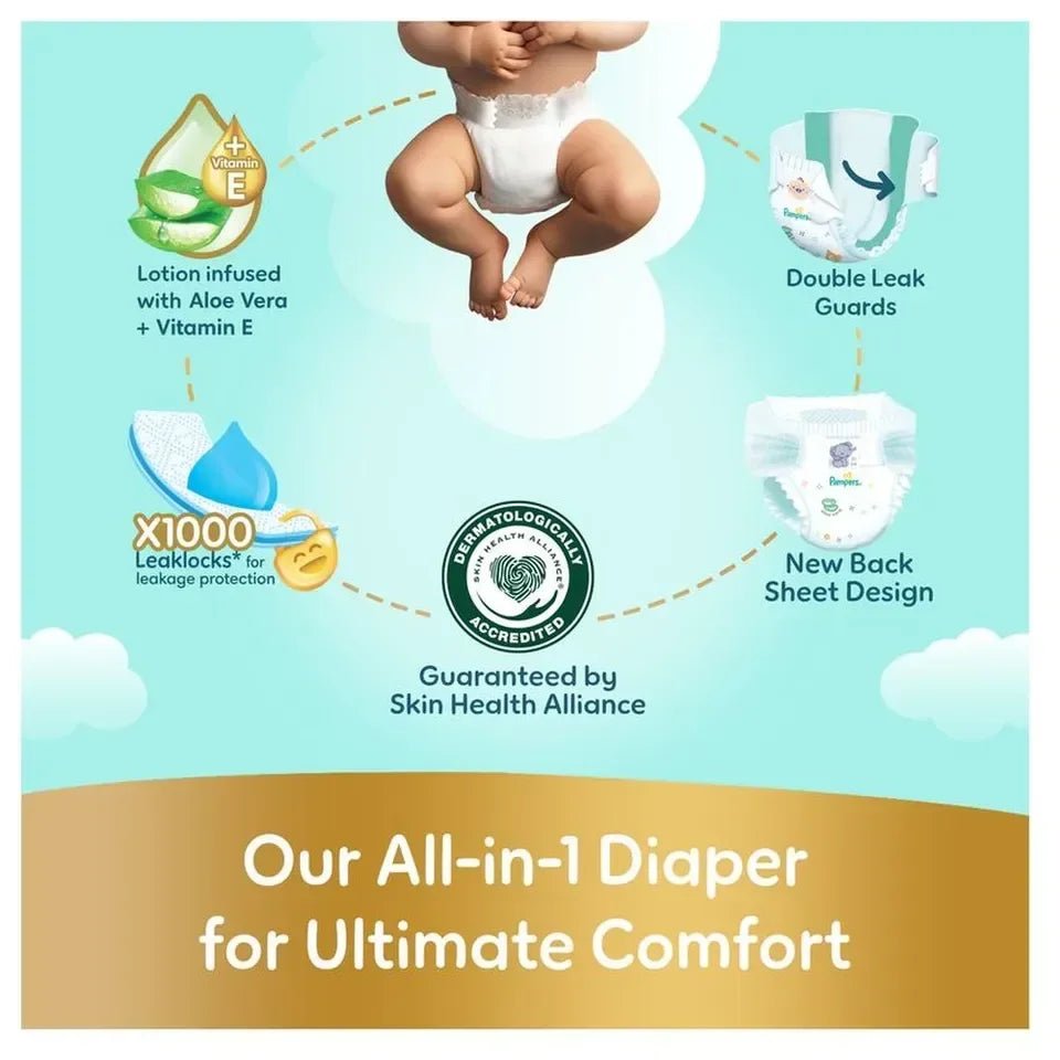 Pampers Premium Care Ultimate Comfort Taped Diapers Size 3 – Aloe Vera & Vitamin E, 1000 Leak Locks, Double Leak Guards - Adenzo Comfies