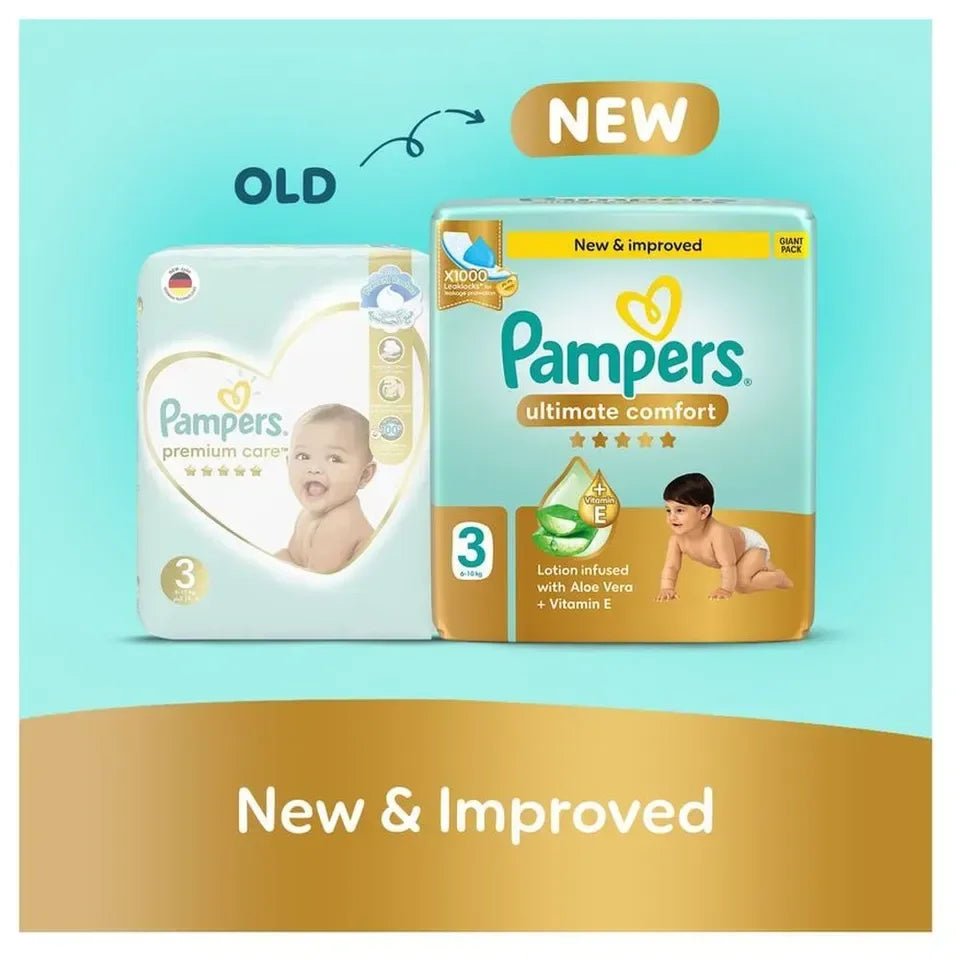 Pampers Premium Care Ultimate Comfort Taped Diapers Size 3 – Aloe Vera & Vitamin E, 1000 Leak Locks, Double Leak Guards - Adenzo Comfies