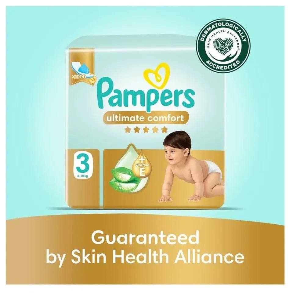Pampers Premium Care Ultimate Comfort Taped Diapers Size 3 – Aloe Vera & Vitamin E, 1000 Leak Locks, Double Leak Guards - Adenzo Comfies