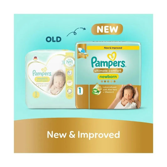 Pampers Premium Care Ultimate Comfort Taped Diapers Size 1 (2–5kg) – Aloe Vera & Vitamin E, 1000 Leak Locks, 50 Pieces - Adenzo Comfies