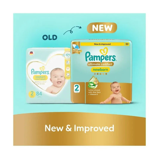 Pampers Premium Care Ultimate Comfort Taped Diapers Size 2 – Aloe Vera & Vitamin E, 1000 Leak Locks, Double Leak Guards - Adenzo Comfies