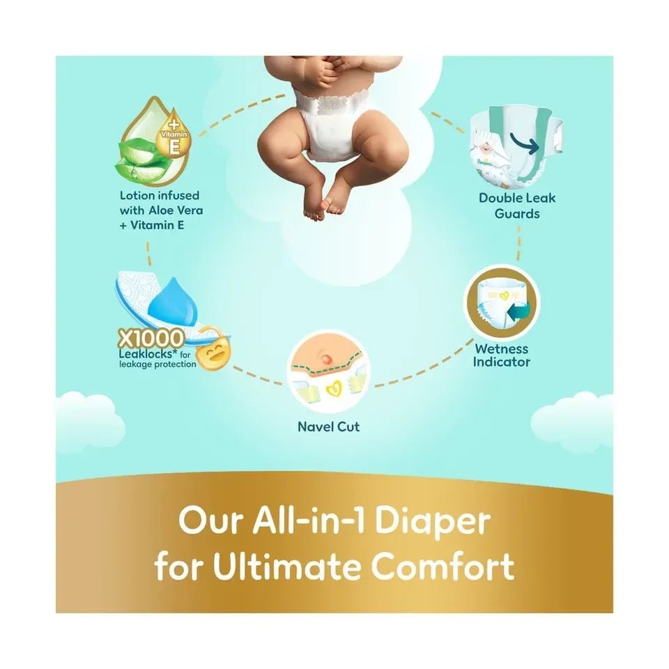 Pampers Premium Care Ultimate Comfort Taped Diapers Size 1 (2–5kg) – Aloe Vera & Vitamin E, 1000 Leak Locks, 50 Pieces - Adenzo Comfies