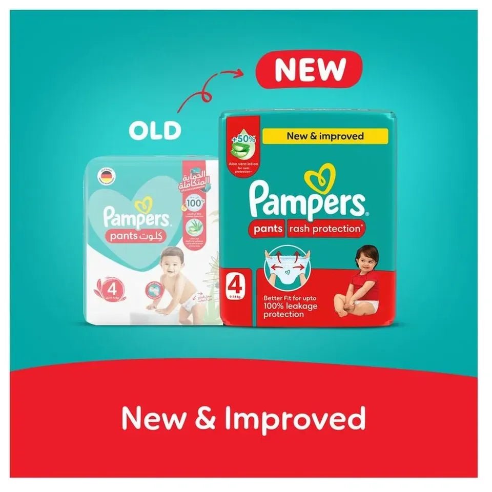 Pampers Rash Protection Pants Size 4 (9–14kg) – 68 Pieces x2 Pack | Aloe Vera Diapers with 360° Fit & Leak Protection - Adenzo Comfies