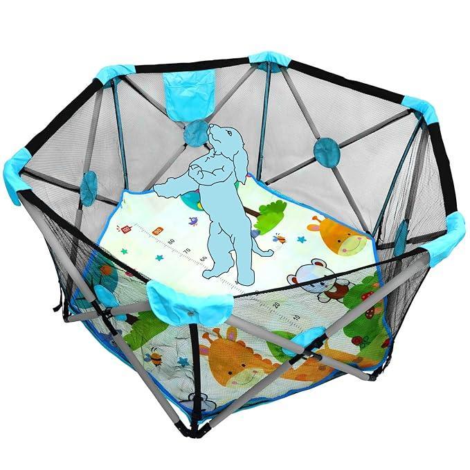 Cool baby - Hexagon Safety Playpen Portable Foldable Mesh Playard Infants Baby Toodler Animals Fence w/Travel Bag Nursery Furniture For Indoor Outdoor - Dark Blue/red - Adenzo Comfies