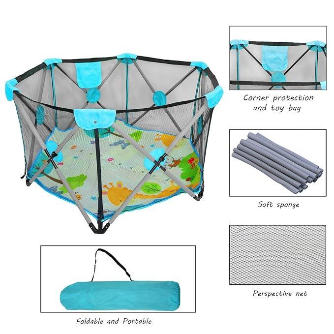 Cool baby - Hexagon Safety Playpen Portable Foldable Mesh Playard Infants Baby Toodler Animals Fence w/Travel Bag Nursery Furniture For Indoor Outdoor - Dark Blue/red - Adenzo Comfies