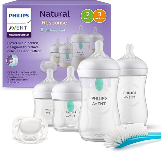 Philips Avent AirFree Vent Baby Bottle Newborn Gift Set - 4 Baby Milk Bottles with Air-Free Vent, Ultra-Soft Pacifier and Bottle Brush, Babies Aged 0-12 Months+