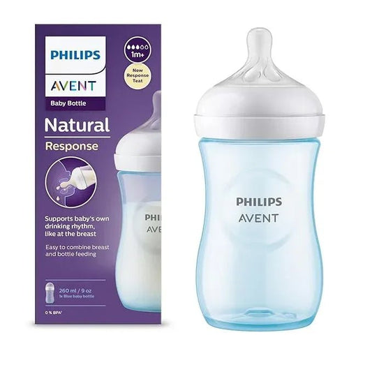 Philips Avent Blue Natural Plastic Baby Feeding Bottle | Ideal for 1 months+| Natural Response Technology Mimics Breastfeeding | Uniquely Designed Nipple releases milk only when baby drinks | Pack of 1 | Blue | SCY903/21 - Adenzo Comfies
