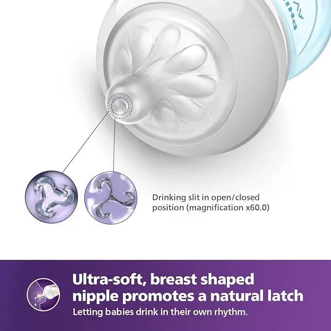 Philips Avent Blue Natural Plastic Baby Feeding Bottle | Ideal for 1 months+| Natural Response Technology Mimics Breastfeeding | Uniquely Designed Nipple releases milk only when baby drinks | Pack of 1 | Blue | SCY903/21 - Adenzo Comfies