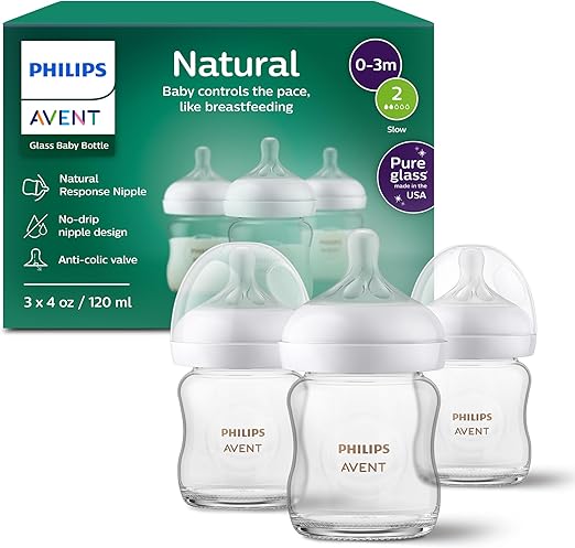 Philips Avent Natural Glass Baby Bottles with Natural Response Nipples (Slow Flow, Flow 2), 4oz, 3-pack