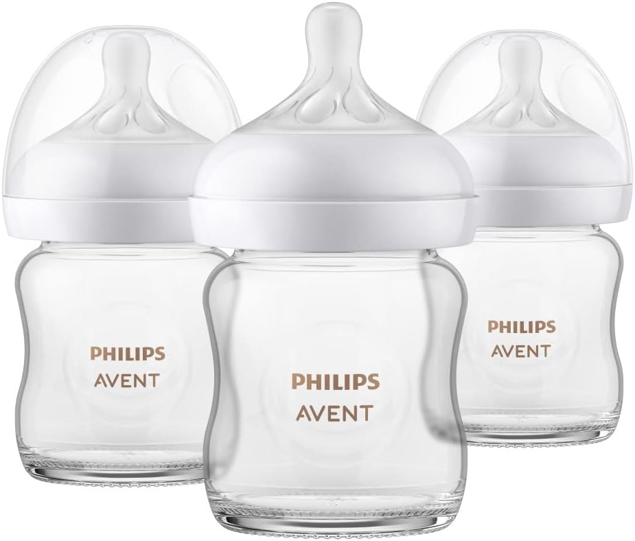 Philips Avent Natural Glass Baby Bottles with Natural Response Nipples (Slow Flow, Flow 2), 4oz, 3-pack