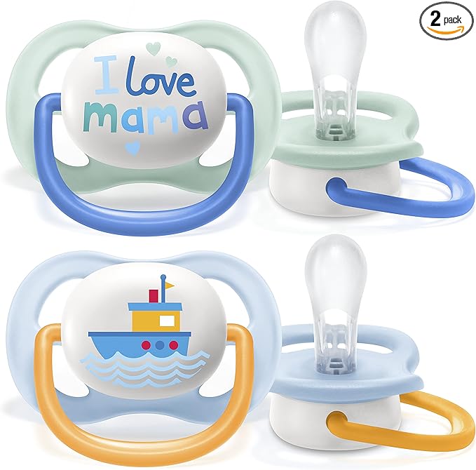 Philips Avent Ultra Air Pacifier, for 0-6m, Orthodontic & BPA-Free, 2 pcs, Including Sterilizer/Carrying Case, SCF080/01 Light Green/Dark Blue and Light Blue/Orange