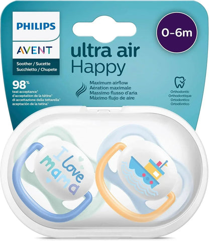 Philips Avent Ultra Air Pacifier, for 0 - 6m, Orthodontic & BPA - Free, 2 pcs, Including Sterilizer/Carrying Case, SCF080/01 Light Green/Dark Blue and Light Blue/Orange - Adenzo Comfies