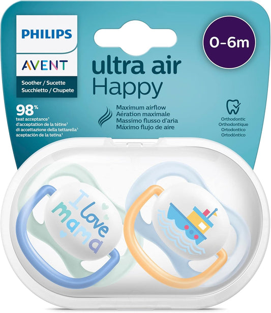 Philips Avent Ultra Air Pacifier, for 0-6m, Orthodontic & BPA-Free, 2 pcs, Including Sterilizer/Carrying Case, SCF080/01 Light Green/Dark Blue and Light Blue/Orange