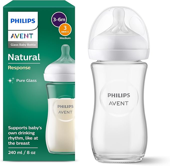 Philips Avent Natural Response Glass Baby Bottle - 240ml Baby Milk Bottle, BPA Free for Newbown Babies 1 Month+ (Model SCY933/01)