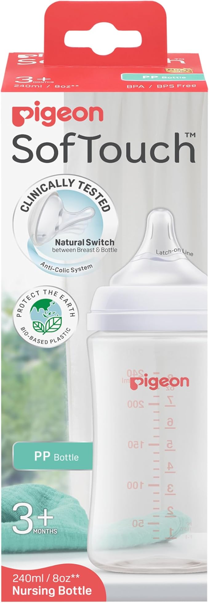 Pigeon SofTouch III Baby Bottle for 3+ Months Babies, BPA & BPS-Free, 240ml, PP, 1 Pack