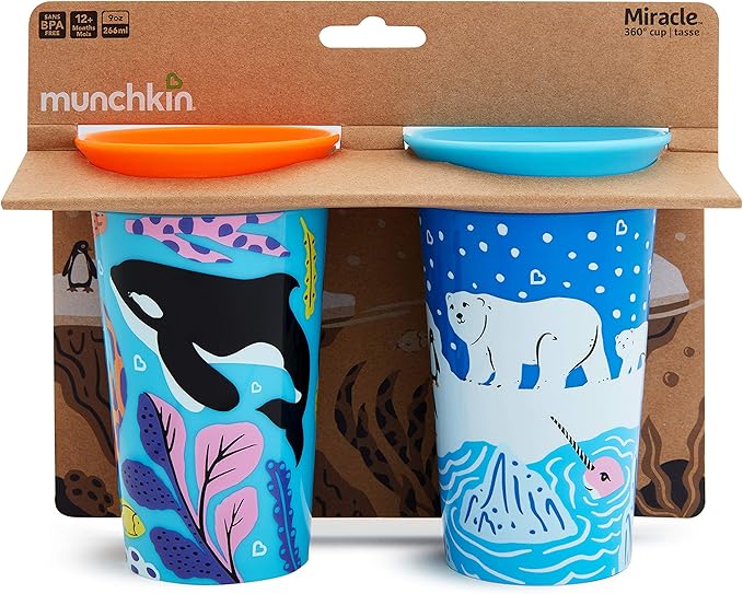 Munchkin® Miracle® 360 WildLove Sippy Cup, 9 Ounce, 2 Pack, Polar Bear/Orca