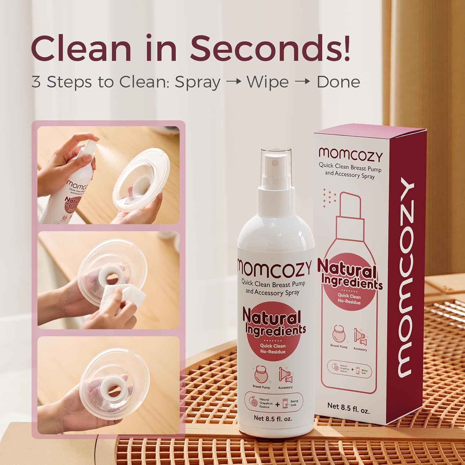 Momcozy Breast Pump Cleaning Spray 8.5 fl oz – Milk Fat & Residue Remover for Breast Pumps, Bottles & Baby Accessories, Plant-Based Formula with Natural Grapefruit Scent