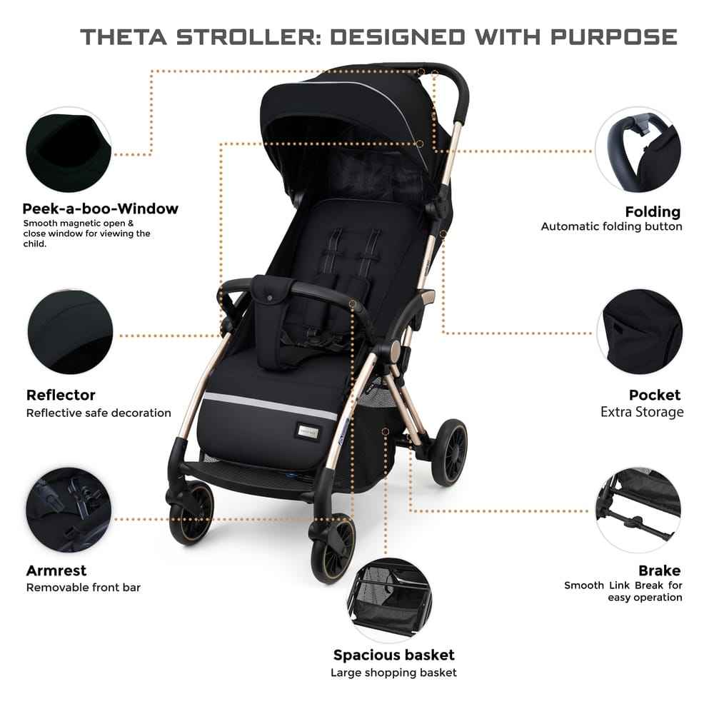 Neobreez THETA Auto Fold Self Stand Travel Baby Toddler Stroller, Compact Pushchair,Waterproof UPF 50+ Canopy,Gift &Cotton Bag,Phone Holder,Toy Strap,Reflective Stickers,0-4yrs,22kg.