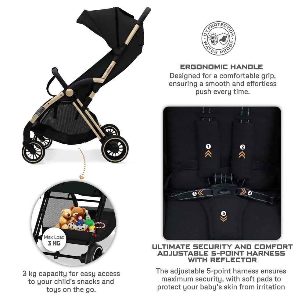 Neobreez THETA Auto Fold Self Stand Travel Baby Toddler Stroller, Compact Pushchair,Waterproof UPF 50+ Canopy,Gift &Cotton Bag,Phone Holder,Toy Strap,Reflective Stickers,0-4yrs,22kg.