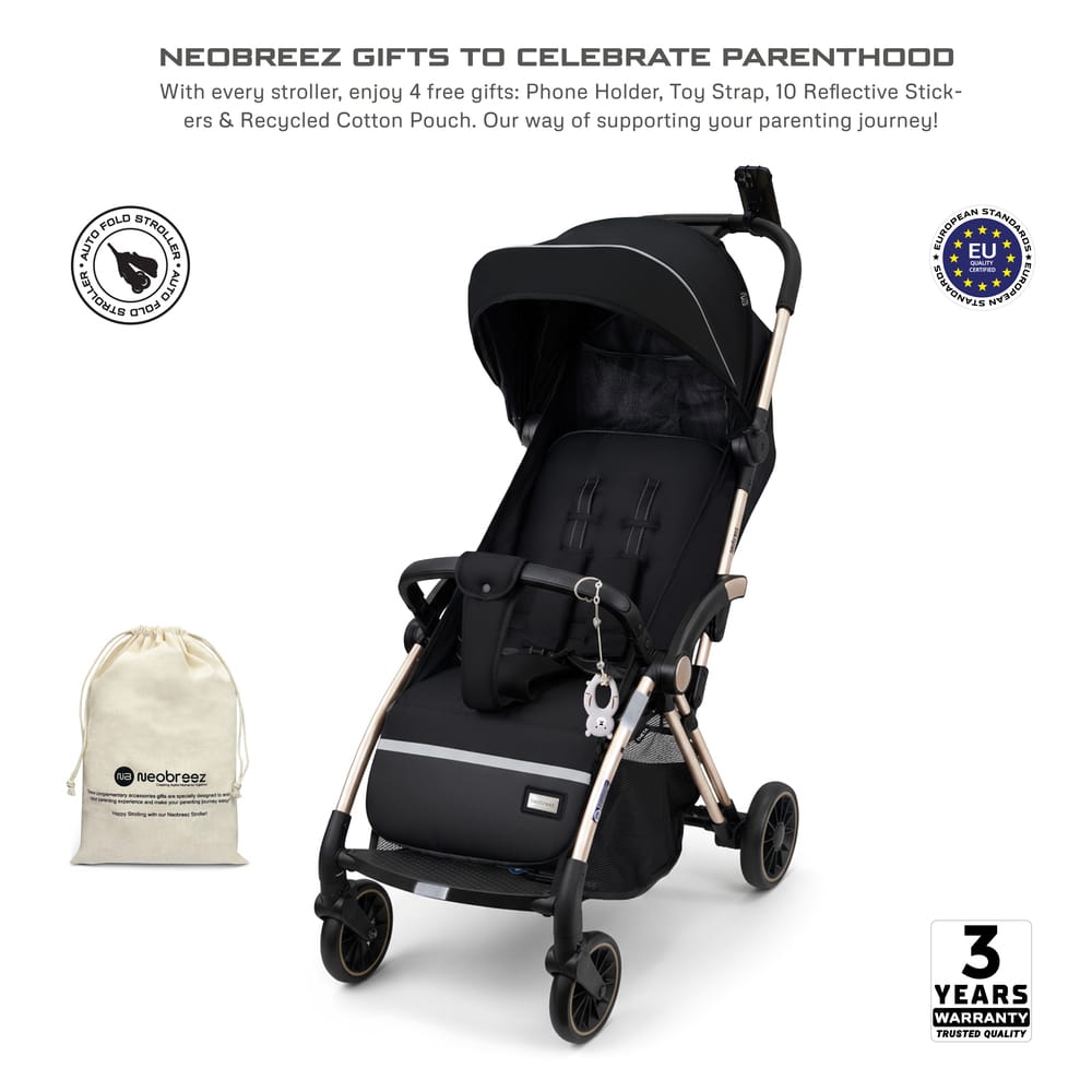 Neobreez THETA Auto Fold Self Stand Travel Baby Toddler Stroller, Compact Pushchair,Waterproof UPF 50+ Canopy,Gift &Cotton Bag,Phone Holder,Toy Strap,Reflective Stickers,0-4yrs,22kg.