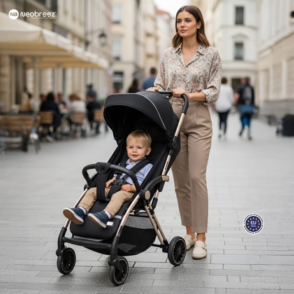 Neobreez THETA Auto Fold Self Stand Travel Baby Toddler Stroller, Compact Pushchair,Waterproof UPF 50+ Canopy,Gift &Cotton Bag,Phone Holder,Toy Strap,Reflective Stickers,0-4yrs,22kg.