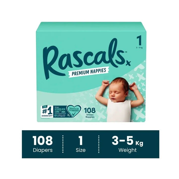 Rascals Premium Baby Tape Diapers Jumbo Box - Size 1, 3-5 kg, 108 Count. - Adenzo Comfies