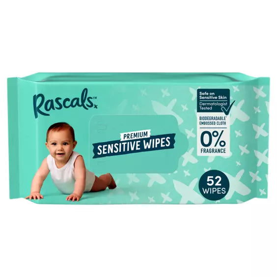 Rascals Biodegradable Sensitive Baby Wipes 52 Sheets Age- Newborn & Above