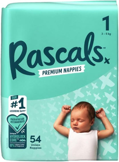 Rascals Premium Baby Diapers - Comfortable & Leak-Proof Newborn Diaper for Babies 3-5 kg - Soft & Gentle Diapers Size 1 - Pack of 54 Count