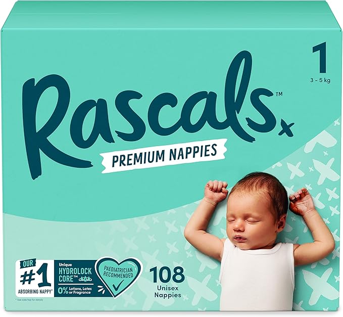 Rascals Premium Baby Diapers - Comfortable & Leak-Proof Diaper for Babies - Soft & Gentle Diapers Size 1 to size 7 - Jumbo Box