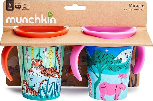 Munchkin Miracle 360 Wildlove Trainer Cup, 6 Oz, 2 Pack, Tiger/Rhino