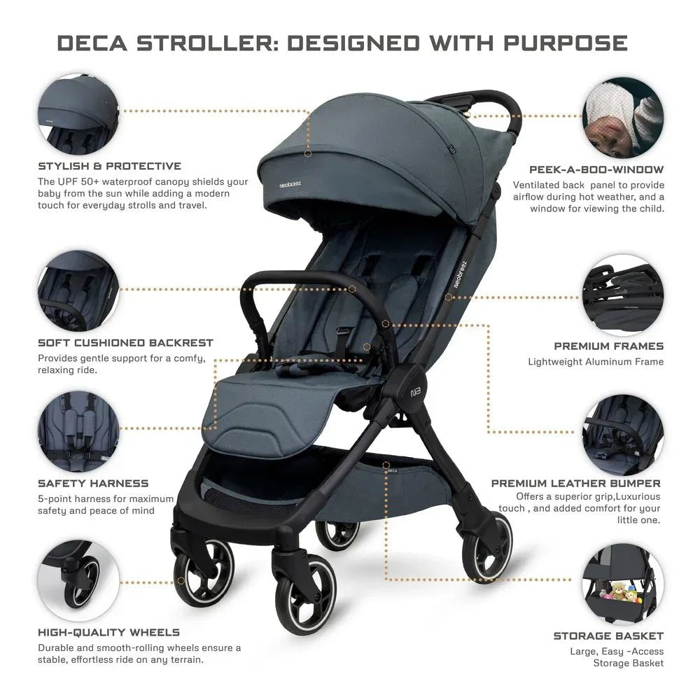 Neobreez DECA Lightweight Cabin - Approved Baby Stroller – One - Hand Fold, UPF 50+ Waterproof Canopy, Travel - Friendly Compact Pushchair (0–4 Years, up to 22kg) - Adenzo Comfies