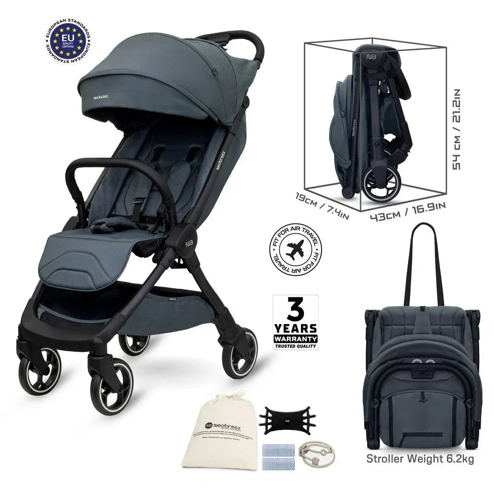 Neobreez DECA Lightweight Cabin - Approved Baby Stroller – One - Hand Fold, UPF 50+ Waterproof Canopy, Travel - Friendly Compact Pushchair (0–4 Years, up to 22kg) - Adenzo Comfies