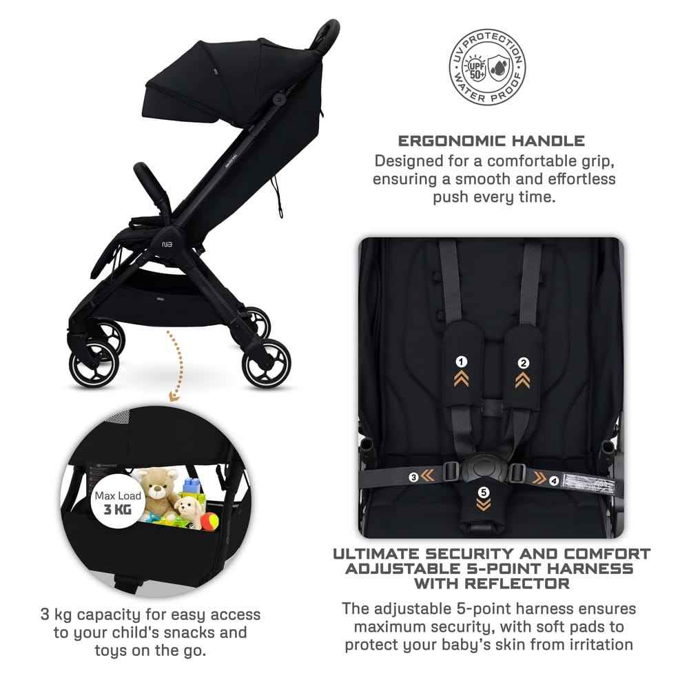 Neobreez  Lightweight Cabin Stroller, 0-4 Years, 22kg Capacity, Lie-Flat, Compact Fold, Hand Luggage, Large Basket, Gift Bag with Phone & Toy Holder, Reflective sticker, UV/Waterproof, Ventilated.