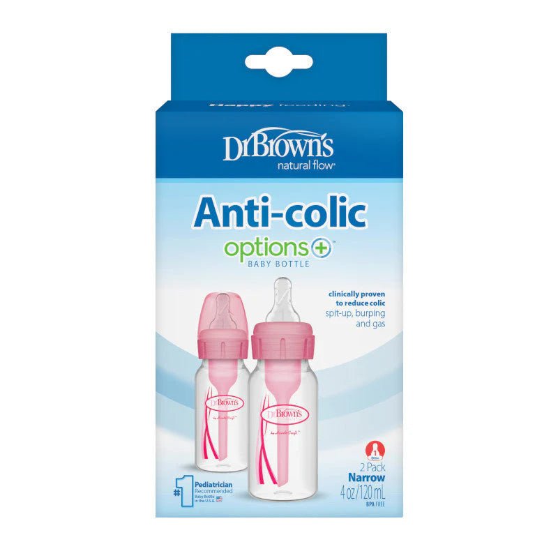 Dr. Brown's Anti - Colic Options+ Narrow Glass Baby Bottle with Level 1 Slow Flow Nipple, BPA - Free, 4 oz/120 mL, 0m+, 2 Count, 1 - Pack - Adenzo Comfies