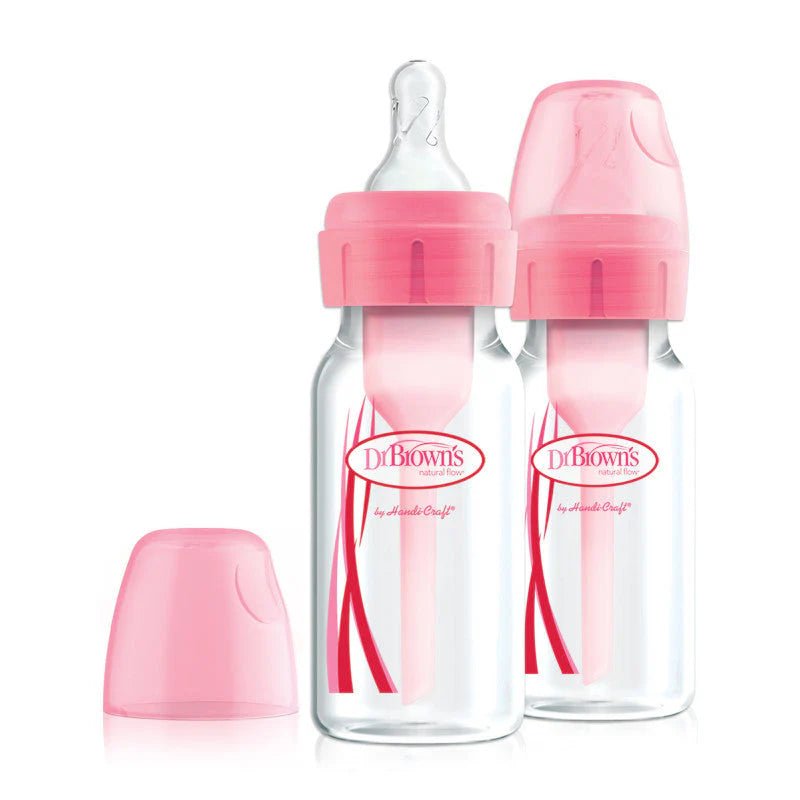 Dr. Brown's Anti - Colic Options+ Narrow Glass Baby Bottle with Level 1 Slow Flow Nipple, BPA - Free, 4 oz/120 mL, 0m+, 2 Count, 1 - Pack - Adenzo Comfies