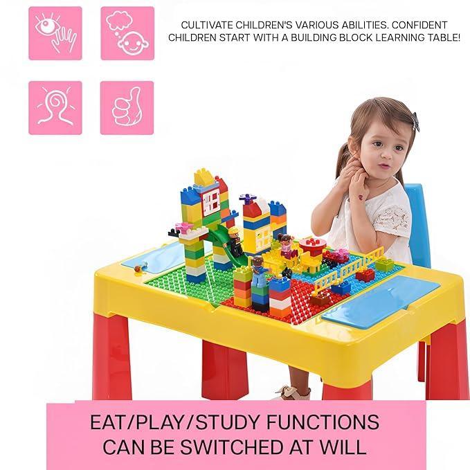 Home Canvas 2 - IN - 1 Unisex Kids Building Block & Study Table & Chair Set, Multicolor Table and Chair for Kids of 3 Years and Above - Adenzo Comfies