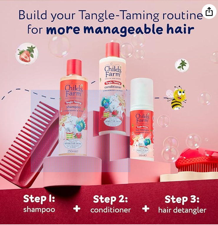 Childs Farm Tangle Taming Shampoo, Straight or Wavy Hair, Gentle and Tear Free, Strawberry and Mint, Kids, Baby, 250ml