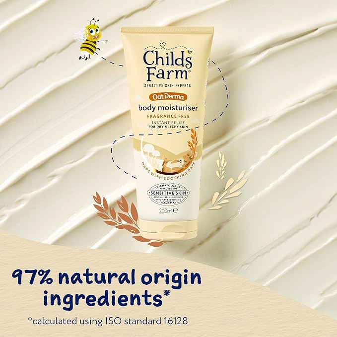 Childs Farm OatDerma Body Moisturiser, Fragrance Free, Soothing Hydration, Sensitive Skin, Emollient, Baby, Kids, 200ml