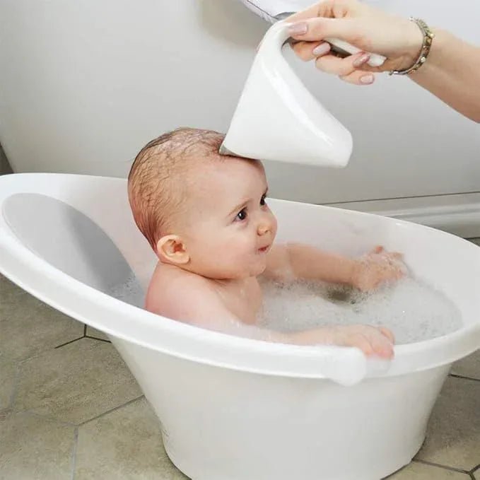 Shnuggle Bath Rinse Jug | Soft Rim Baby & Toddler Shampoo Rinser | Bath Hair Rinsing Cup | Hair Wash Jug with Handle | Essential Bath Accessories | White/Grey - Adenzo Comfies