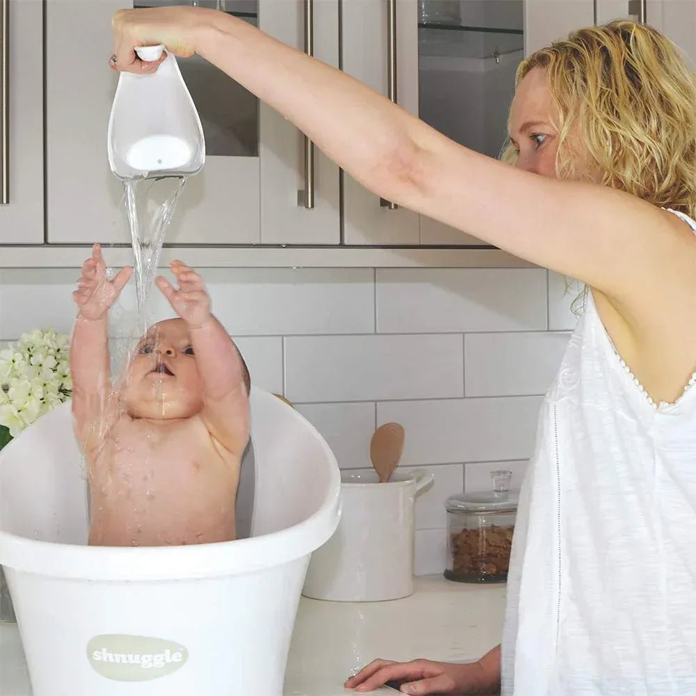 Shnuggle Bath Rinse Jug | Soft Rim Baby & Toddler Shampoo Rinser | Bath Hair Rinsing Cup | Hair Wash Jug with Handle | Essential Bath Accessories | White/Grey - Adenzo Comfies