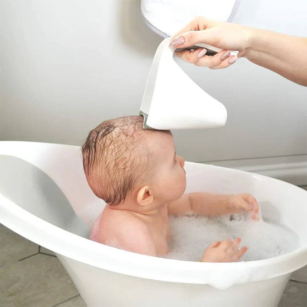 Shnuggle Bath Rinse Jug | Soft Rim Baby & Toddler Shampoo Rinser | Bath Hair Rinsing Cup | Hair Wash Jug with Handle | Essential Bath Accessories | White/Grey - Adenzo Comfies
