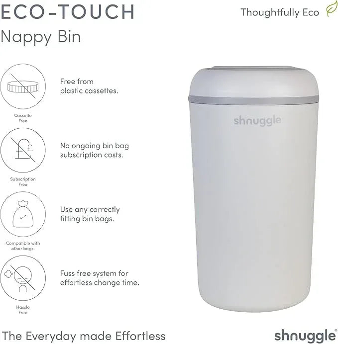 Shnuggle Eco - Touch Nappy Bin (Diaper Pail) | Eco - Friendly Nappy Disposal System | No Costly Refills – Use Any Bag | Dual - Seal Odour Lock | Easy - Clean, One - Hand Drop - and - Go Bin - Adenzo Comfies