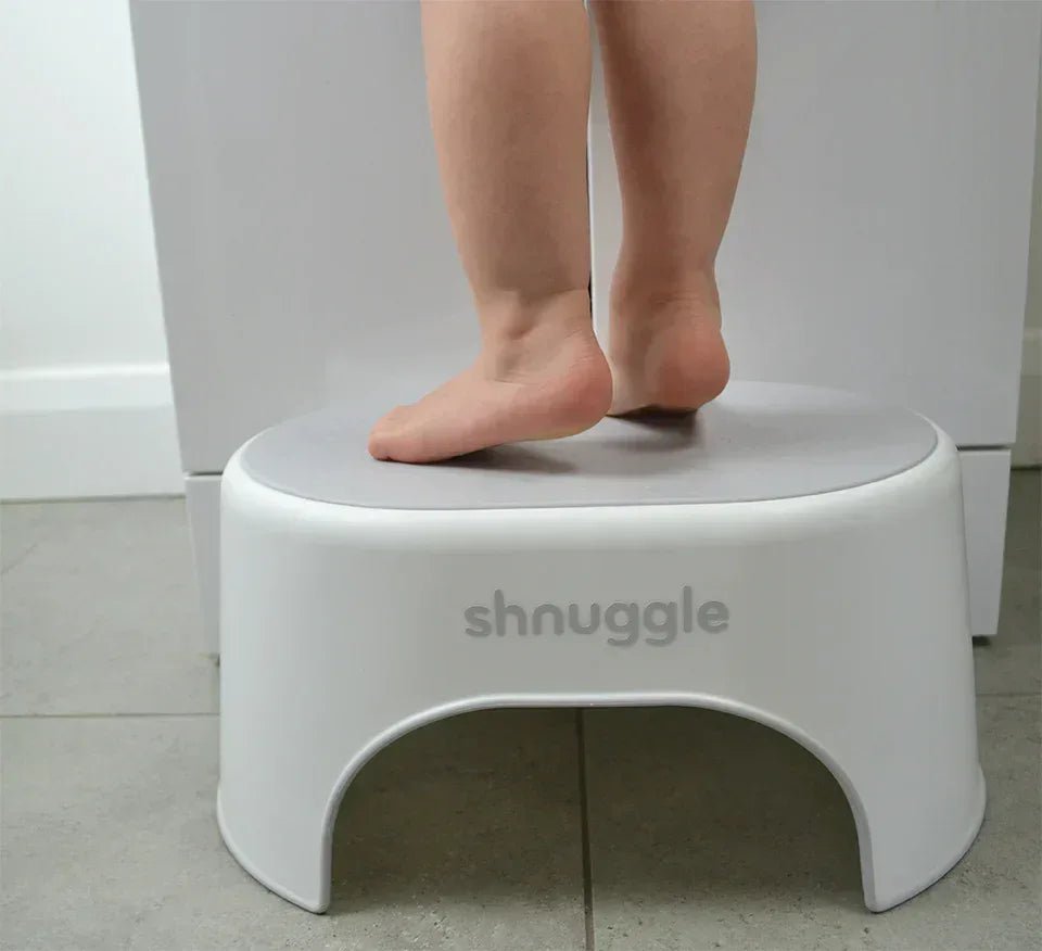 Shnuggle Step Stool - Shnuggle Sturdy Step Stool | Helps Toddlers in the Bathroom | Non - Slip Toilet Step in White and Grey for Kids | Multiuse Step for Toddler Potty Training - Adenzo Comfies