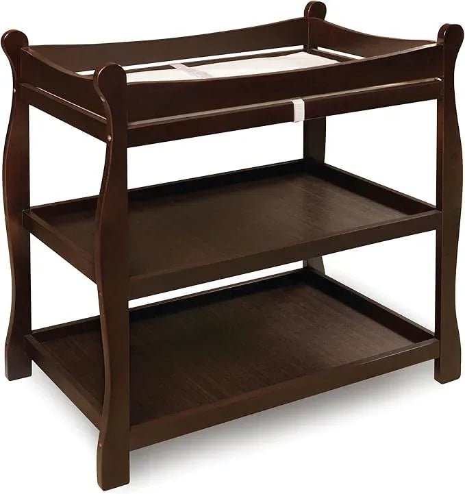 Tony Wooden changing area. Badger Basket White Sleigh Style Baby Changing Table with Storage Shelves - Adenzo Comfies