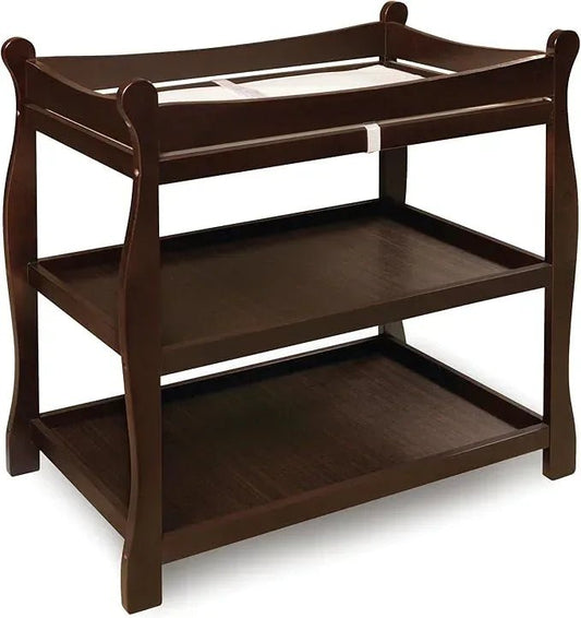 Tony Wooden changing area. Badger Basket White Sleigh Style Baby Changing Table with Storage Shelves - Adenzo Comfies